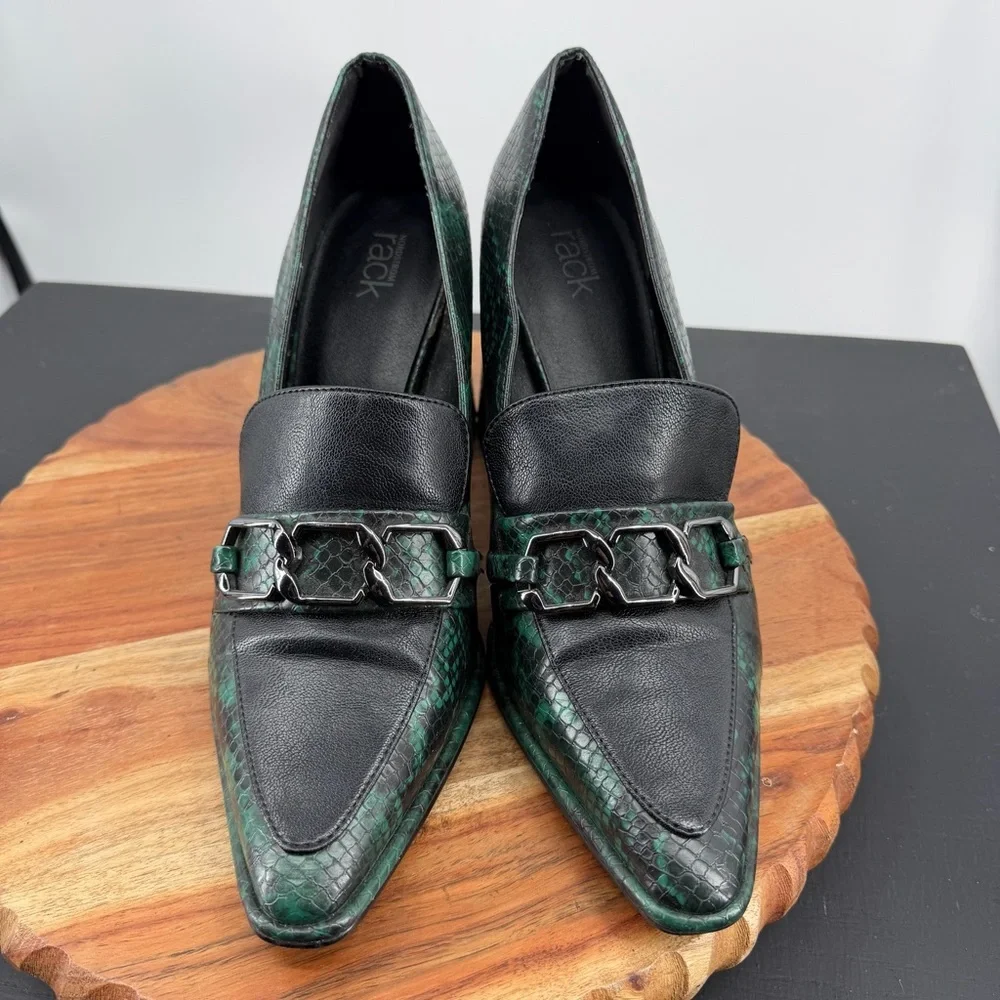 Nordstrom Rack Oslo Green & Black Snake Print Heel Pointed Loafers Sz 10 Elphaba